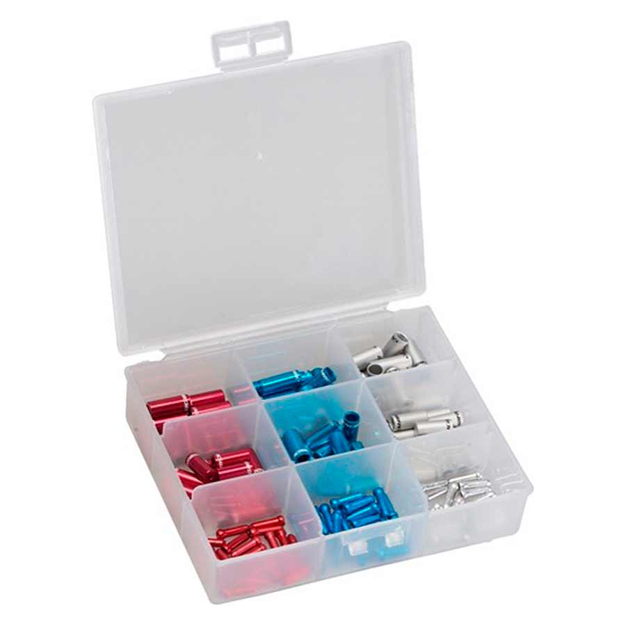 INCLUDES 5 AND 4MM HOUSING STOPS AS WELL AS CABLE ENDS, ALLOY, RED, BLUE, SILVER